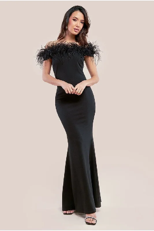Exclusive Preview Goddiva Scuba Off The Shoulder Feather Trim Maxi - Black