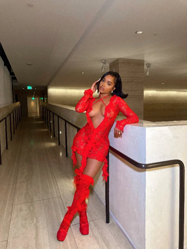 Online Exclusive Lauren Lace Dress w/ Socks - Red