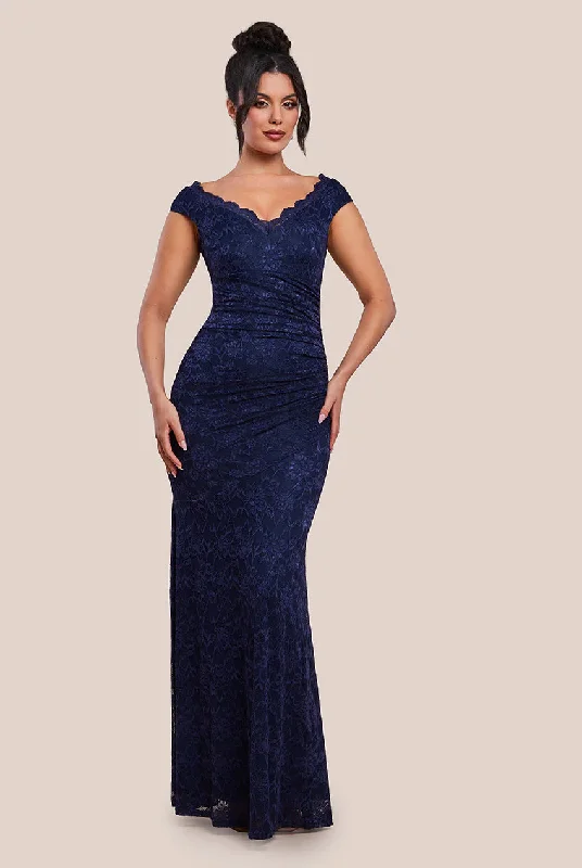 Price Slash Goddiva Off The Shoulder Scalloped Neck Maxi Dress - Navy