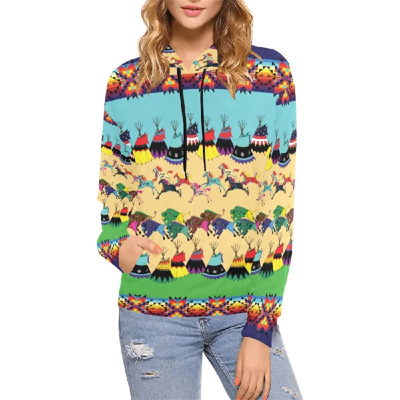 Can't Be Beat Horses and Buffalo Ledger Blue Hoodie for Women (USA Size)
