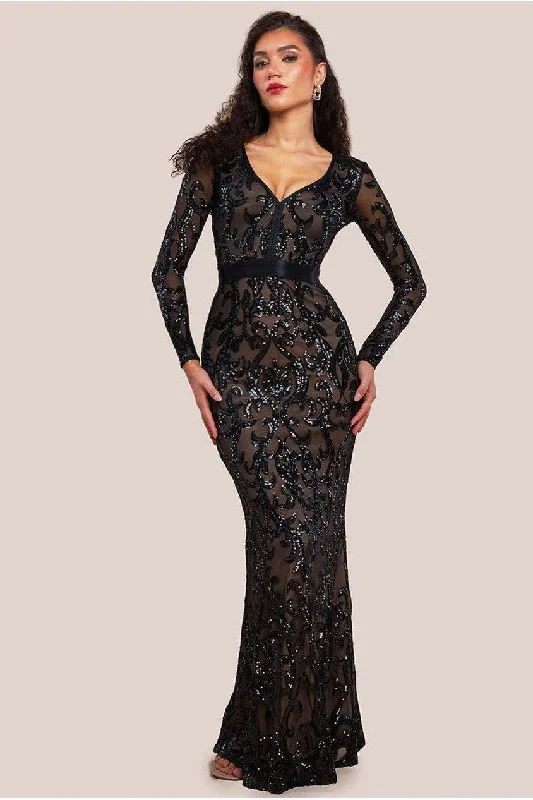 Bargain Blast Goddiva Embroidered Sequin & Mesh Maxi Dress - Black