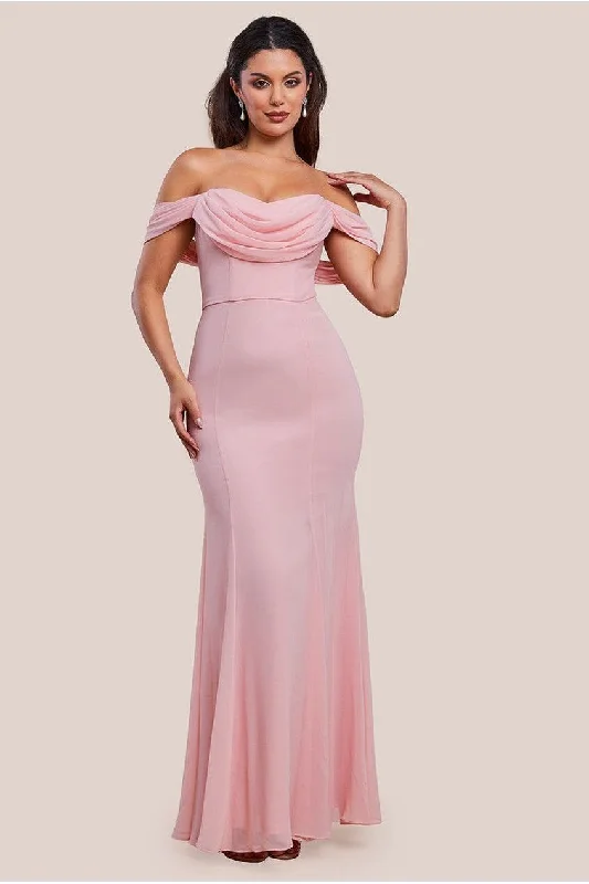 Discount Mania Goddiva Chiffon Bardot Cowl Neck Maxi Dress - Blush