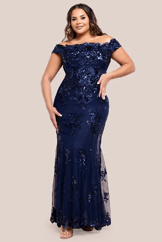 Deal Zone Goddiva Plus Bardot Sequin Embroidered Maxi Dress - Navy