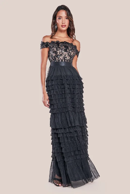 Quick Sale Goddiva Scallop Bardot Ruffle Mesh Maxi - Black