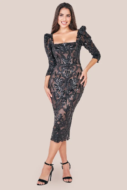Act Now Goddiva Square Neck Scalloped Lace Midi Dress - Black