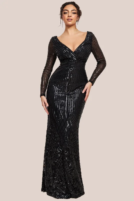 Bargain Prices Long Sleeve Sequin V Wrap Maxi Dress - Black by Goddiva