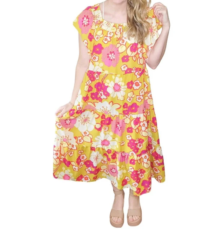New Markdowns The Groovy Girl Short Sleeve Dress In Yellow Multi