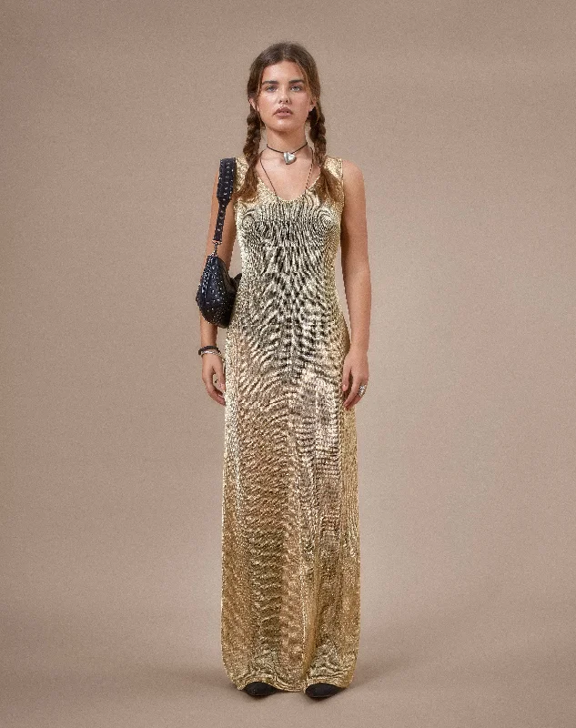 Quick Sale Morticia Maxi Dress in Chain Knit Gold